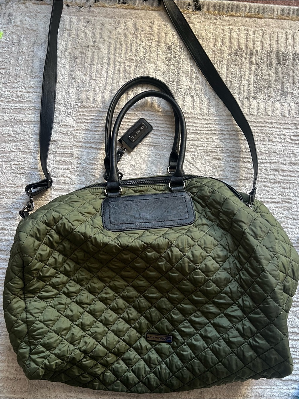 Steve Madden Quilted Olive Green Women's Carryall Bag - Black Trim